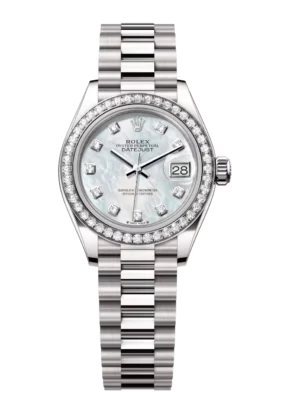 Rolex Lady-Datejust 28 Oyster Perpetual 18 ct white gold white mother-of-pearl, diamond-set dial President band Reference 279139RBR