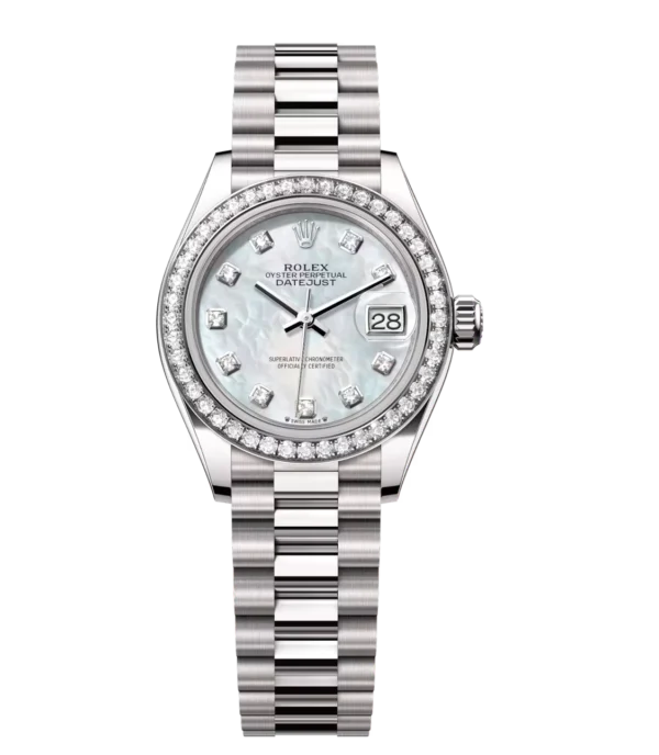 Rolex Lady-Datejust 28 Oyster Perpetual 18 ct white gold white mother-of-pearl, diamond-set dial President band Reference 279139RBR