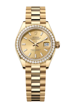 Rolex Lady-Datejust 28 Oyster Perpetual 18 ct yellow gold champagne-colour dial President band Reference 279138RBR