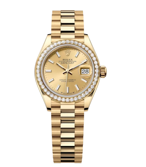 Rolex Lady-Datejust 28 Oyster Perpetual 18 ct yellow gold champagne-colour dial President band Reference 279138RBR