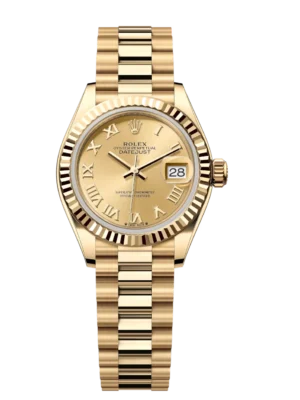 Rolex Lady-Datejust 28 Oyster Perpetual 18 ct yellow gold champagne-colour dial President band Reference 279178