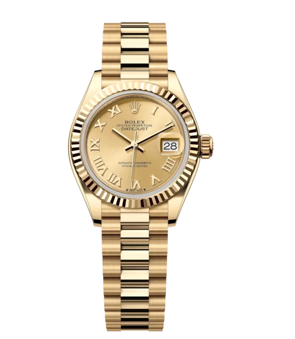 Rolex Lady-Datejust 28 Oyster Perpetual 18 ct yellow gold champagne-colour dial President band Reference 279178