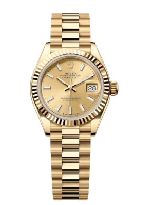 Rolex Lady-Datejust 28 Oyster Perpetual 18 ct yellow gold champagne-colour dial President band Reference 279178