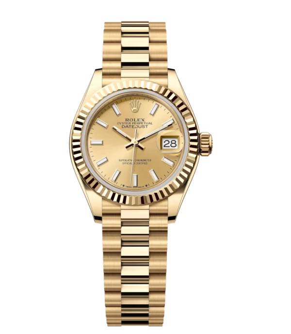 Rolex Lady-Datejust 28 Oyster Perpetual 18 ct yellow gold champagne-colour dial President band Reference 279178