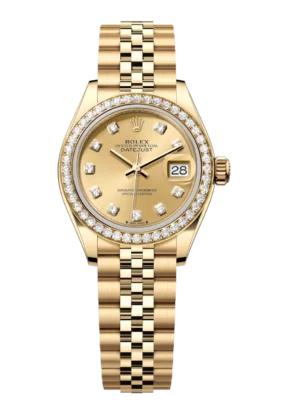 Rolex Lady-Datejust 28 Oyster Perpetual 18 ct yellow gold champagne colour, diamond-set dial Jubilee band Reference 279138RBR