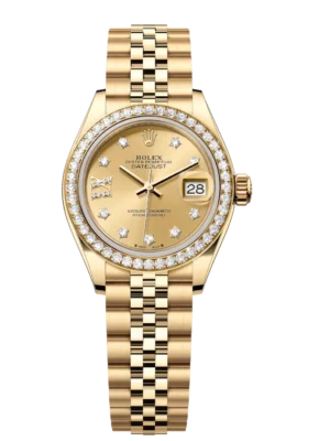 Rolex Lady-Datejust 28 Oyster Perpetual 18 ct yellow gold champagne colour, diamond-set dial Jubilee band Reference 279138RBR