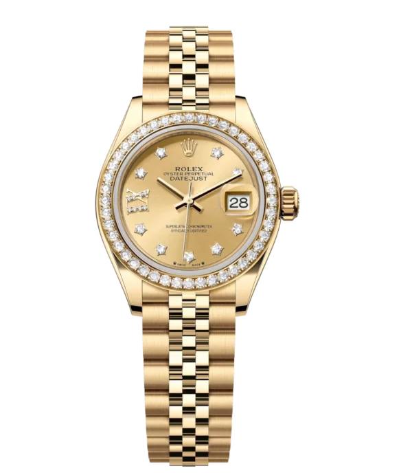 Rolex Lady-Datejust 28 Oyster Perpetual 18 ct yellow gold champagne colour, diamond-set dial Jubilee band Reference 279138RBR