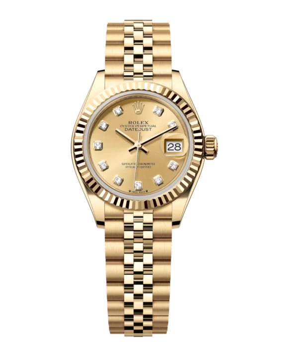 Rolex Lady-Datejust 28 Oyster Perpetual 18 ct yellow gold champagne colour, diamond-set dial Jubilee band Reference 279178