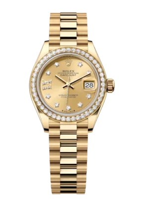 Rolex Lady-Datejust 28 Oyster Perpetual 18 ct yellow gold champagne colour, diamond-set dial President band Reference 279138RBR