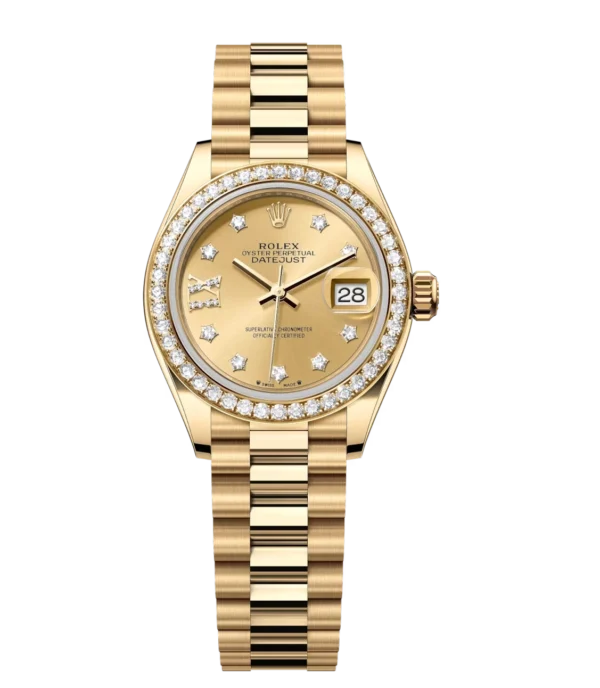 Rolex Lady-Datejust 28 Oyster Perpetual 18 ct yellow gold champagne colour, diamond-set dial President band Reference 279138RBR