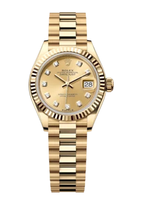 Rolex Lady-Datejust 28 Oyster Perpetual 18 ct yellow gold champagne colour, diamond-set dial President band Reference 279178