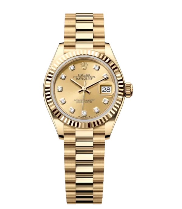 Rolex Lady-Datejust 28 Oyster Perpetual 18 ct yellow gold champagne colour, diamond-set dial President band Reference 279178