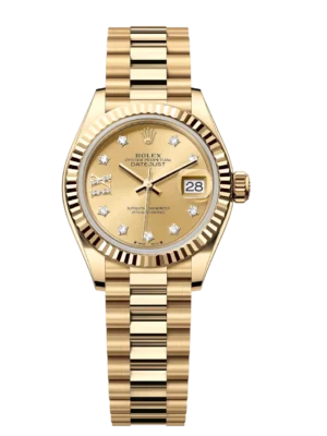 Rolex Lady-Datejust 28 Oyster Perpetual 18 ct yellow gold champagne colour, diamond-set dial President band Reference 279178