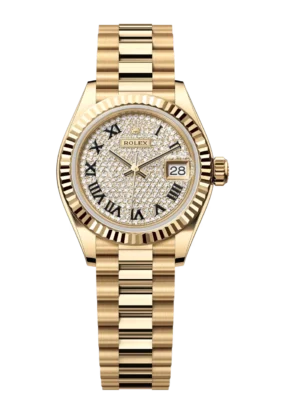 Rolex Lady-Datejust 28 Oyster Perpetual 18 ct yellow gold diamond-paved dial President band Reference 279178