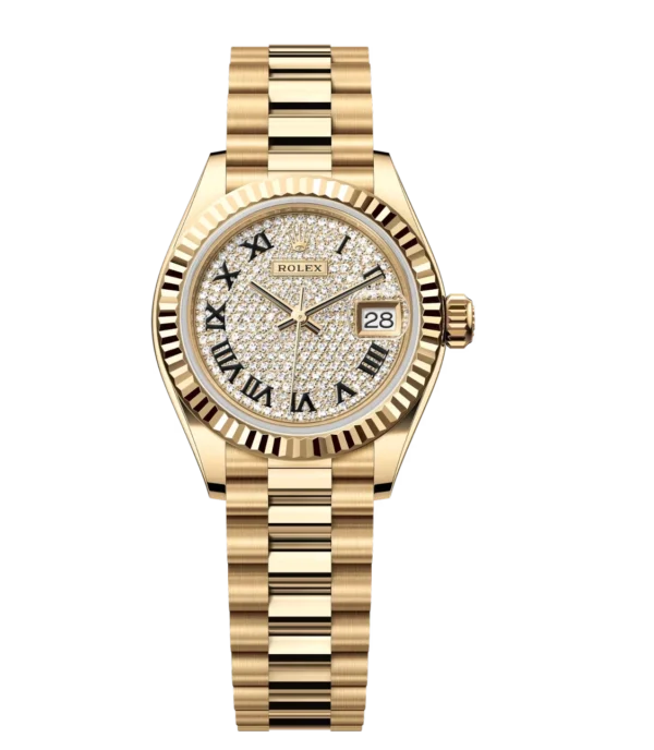 Rolex Lady-Datejust 28 Oyster Perpetual 18 ct yellow gold diamond-paved dial President band Reference 279178