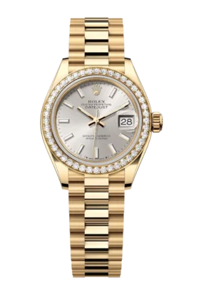 Rolex Lady-Datejust 28 Oyster Perpetual 18 ct yellow gold silver dial President band Reference 279138RBR
