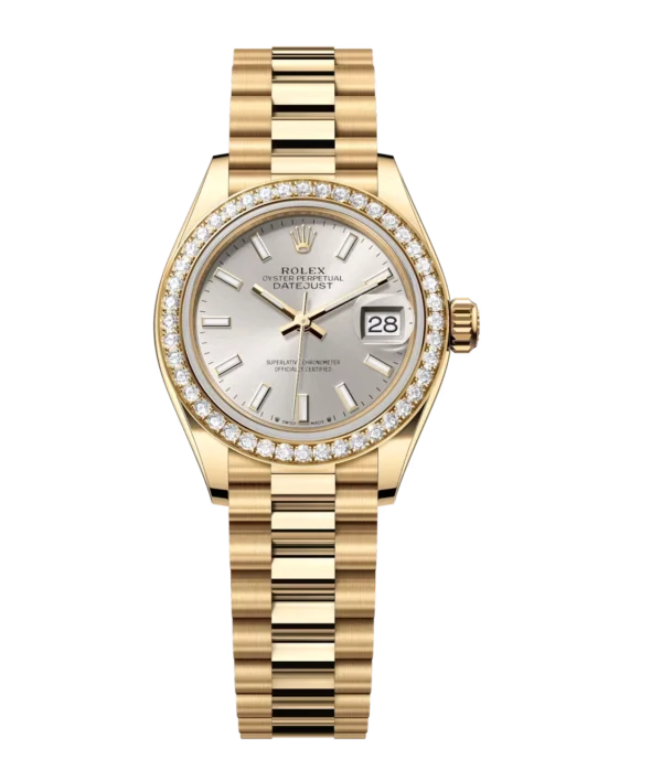 Rolex Lady-Datejust 28 Oyster Perpetual 18 ct yellow gold silver dial President band Reference 279138RBR