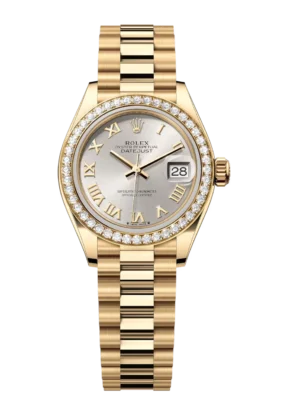 Rolex Lady-Datejust 28 Oyster Perpetual 18 ct yellow gold silver dial President band Reference 279138RBR