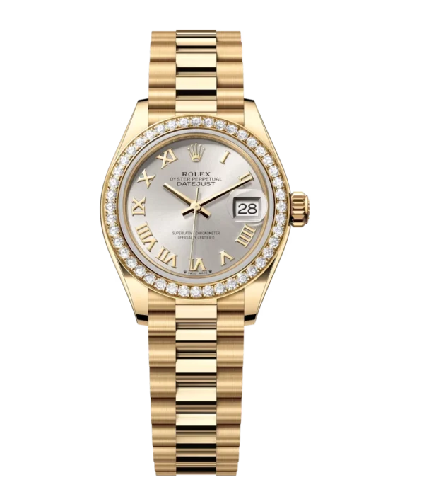 Rolex Lady-Datejust 28 Oyster Perpetual 18 ct yellow gold silver dial President band Reference 279138RBR
