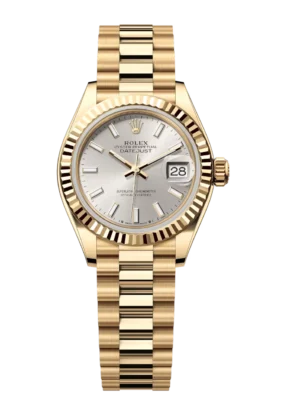 Rolex Lady-Datejust 28 Oyster Perpetual 18 ct yellow gold silver dial President band Reference 279178