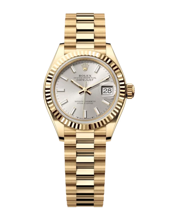 Rolex Lady-Datejust 28 Oyster Perpetual 18 ct yellow gold silver dial President band Reference 279178