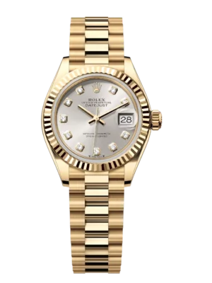 Rolex Lady-Datejust 28 Oyster Perpetual 18 ct yellow gold silver, diamond-set dial President band Reference 279178