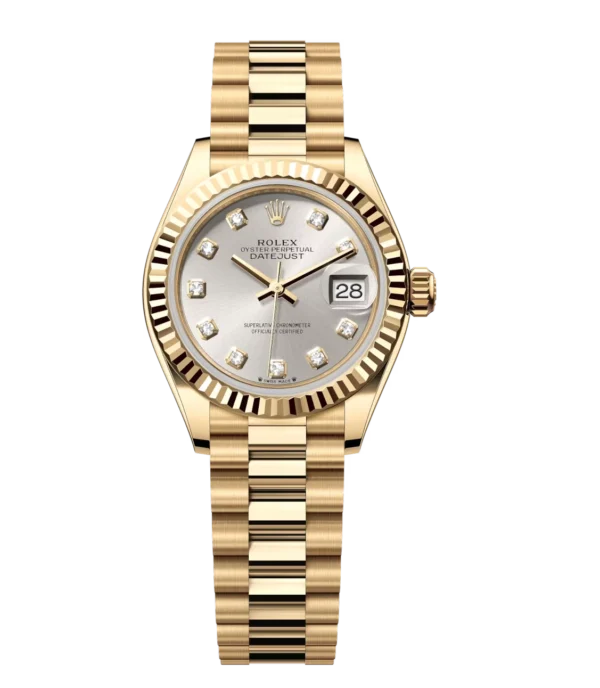 Rolex Lady-Datejust 28 Oyster Perpetual 18 ct yellow gold silver, diamond-set dial President band Reference 279178