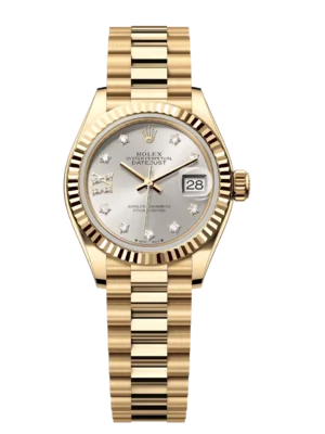 Rolex Lady-Datejust 28 Oyster Perpetual 18 ct yellow gold silver, diamond-set dial President band Reference 279178