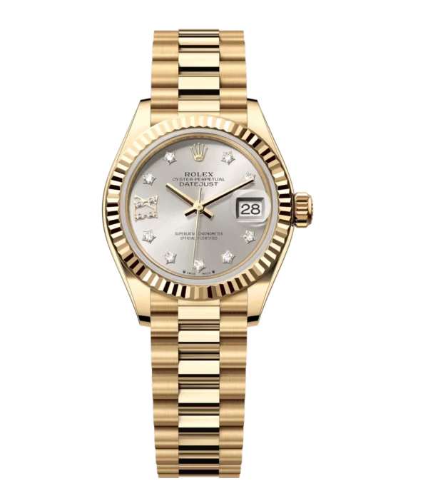Rolex Lady-Datejust 28 Oyster Perpetual 18 ct yellow gold silver, diamond-set dial President band Reference 279178