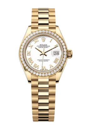 Rolex Lady-Datejust 28 Oyster Perpetual 18 ct yellow gold white dial President band Reference 279138RBR