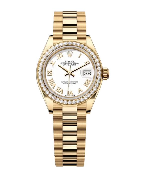 Rolex Lady-Datejust 28 Oyster Perpetual 18 ct yellow gold white dial President band Reference 279138RBR