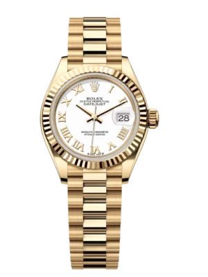 Rolex Lady-Datejust 28 Oyster Perpetual 18 ct yellow gold white dial President band Reference 279178