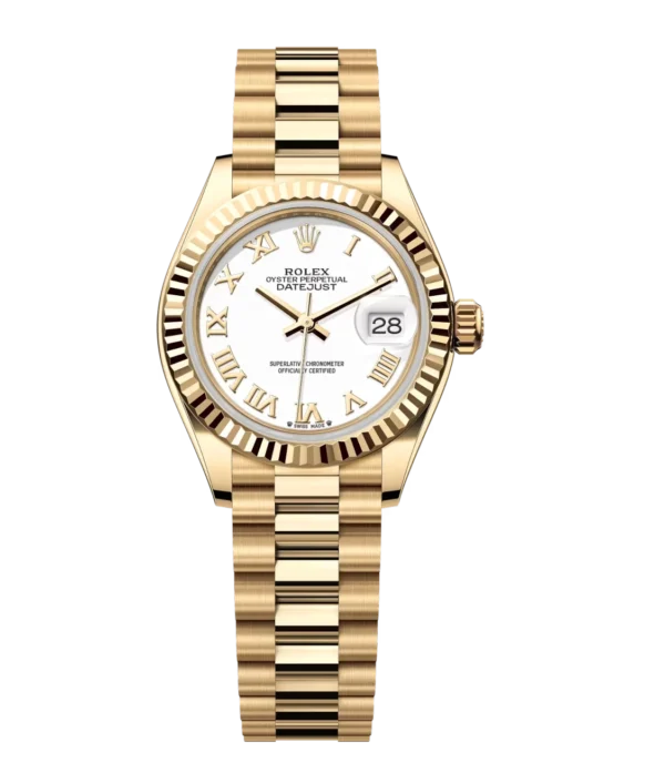 Rolex Lady-Datejust 28 Oyster Perpetual 18 ct yellow gold white dial President band Reference 279178