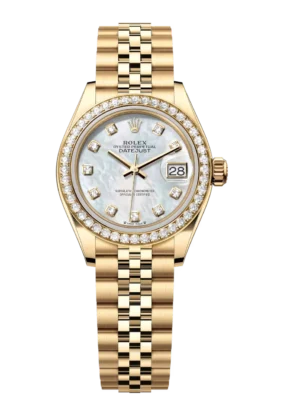 Rolex Lady-Datejust 28 Oyster Perpetual 18 ct yellow gold white mother-of-pearl, diamond-set dial Jubilee band Reference 279138RBR