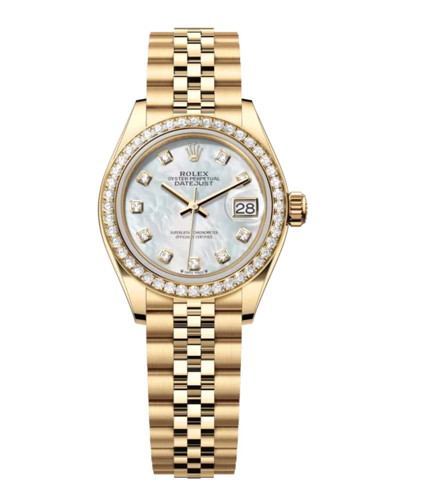 Rolex Lady-Datejust 28 Oyster Perpetual 18 ct yellow gold white mother-of-pearl, diamond-set dial Jubilee band Reference 279138RBR