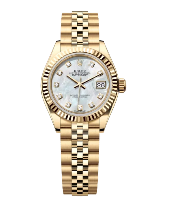 Rolex Lady-Datejust 28 Oyster Perpetual 18 ct yellow gold white mother-of-pearl, diamond-set dial Jubilee band Reference 279178