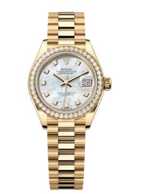 Rolex Lady-Datejust 28 Oyster Perpetual 18 ct yellow gold white mother-of-pearl, diamond-set dial President band Reference 279138RBR