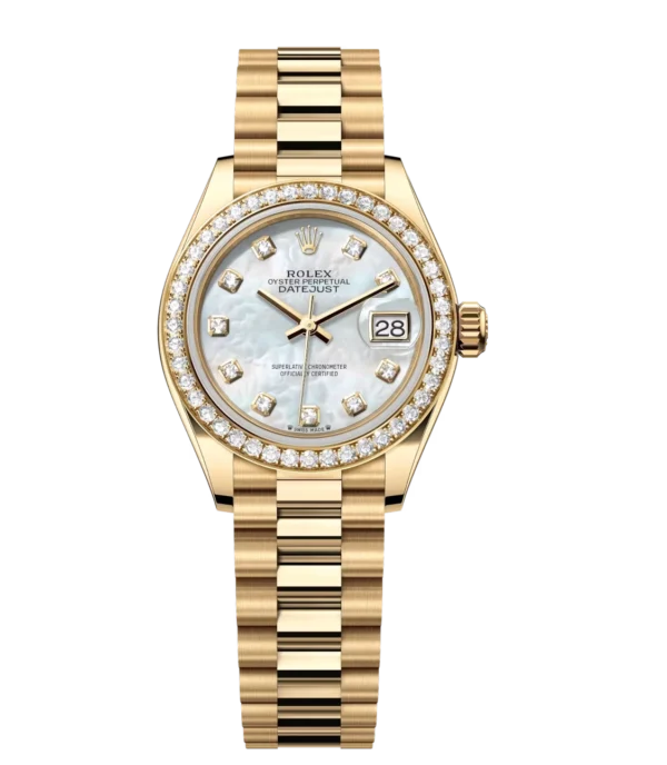Rolex Lady-Datejust 28 Oyster Perpetual 18 ct yellow gold white mother-of-pearl, diamond-set dial President band Reference 279138RBR
