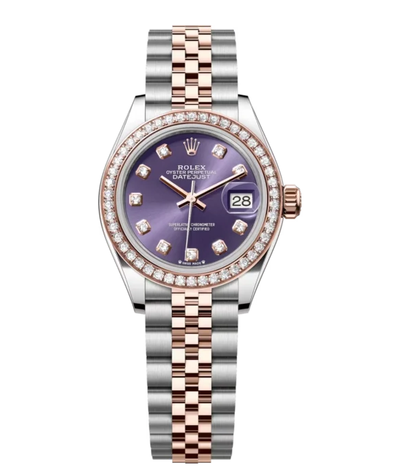 Rolex Lady-Datejust 28 Oyster Perpetual Oystersteel and Everose gold aubergine, diamond-set dial Jubilee band Reference 279381RBR