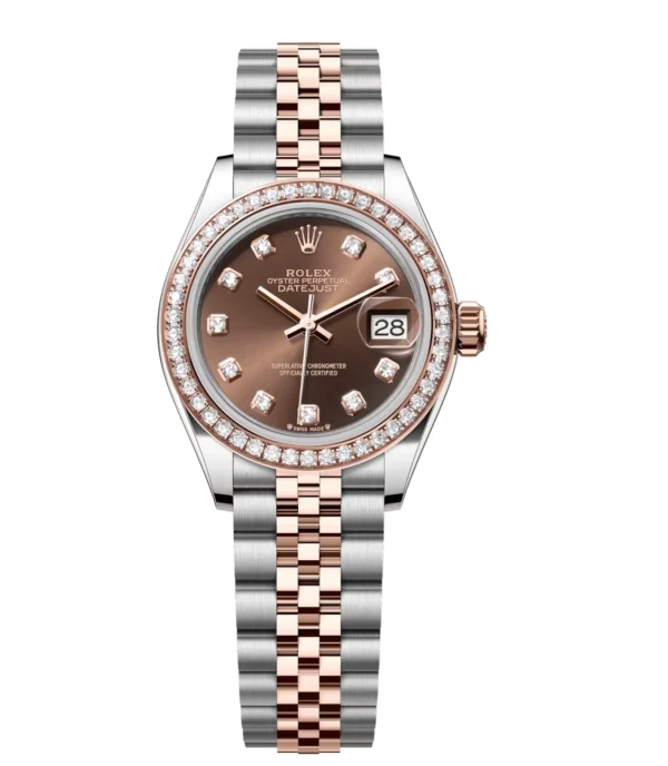 Rolex Lady-Datejust 28 Oyster Perpetual Oystersteel and Everose gold chocolate, diamond-set dial Jubilee band Reference 279381RBR