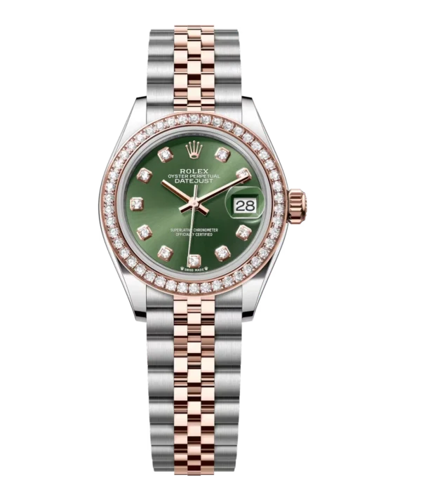 Rolex Lady-Datejust 28 Oyster Perpetual Oystersteel and Everose gold olive-green, diamond-set dial Jubilee band Reference 279381RBR