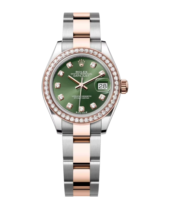 Rolex Lady-Datejust 28 Oyster Perpetual Oystersteel and Everose gold olive-green, diamond-set dial Oyster band Reference 279381RBR