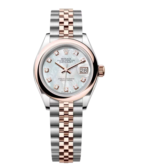 Rolex Lady-Datejust 28 Oyster Perpetual Oystersteel and Everose gold white mother-of-pearl, diamond-set dial Jubilee band Reference 279161