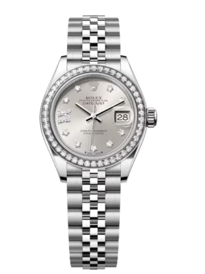 Rolex Lady-Datejust 28 Oyster Perpetual Oystersteel and white gold silver, diamond-set dial Jubilee band Reference 279384RBR