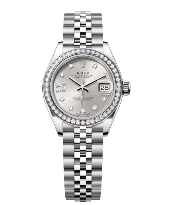 Rolex Lady-Datejust 28 Oyster Perpetual Oystersteel and white gold silver, diamond-set dial Jubilee band Reference 279384RBR