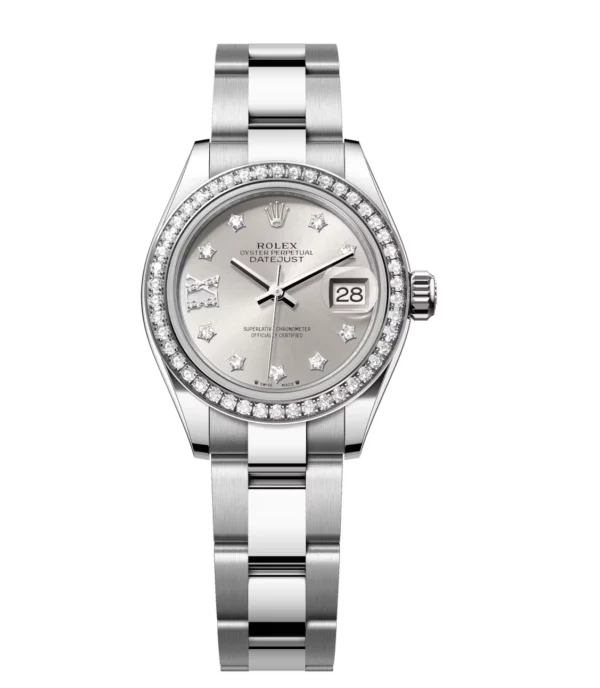 Rolex Lady-Datejust 28 Oyster Perpetual Oystersteel and white gold silver, diamond-set dial Oyster band Reference 279384RBR