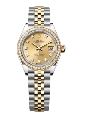 Rolex Lady-Datejust 28 Oyster Perpetual Oystersteel and yellow gold champagne colour, diamond-set dial Jubilee band Reference 279383RBR