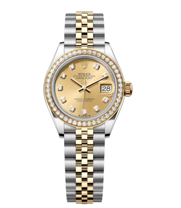 Rolex Lady-Datejust 28 Oyster Perpetual Oystersteel and yellow gold champagne colour, diamond-set dial Jubilee band Reference 279383RBR