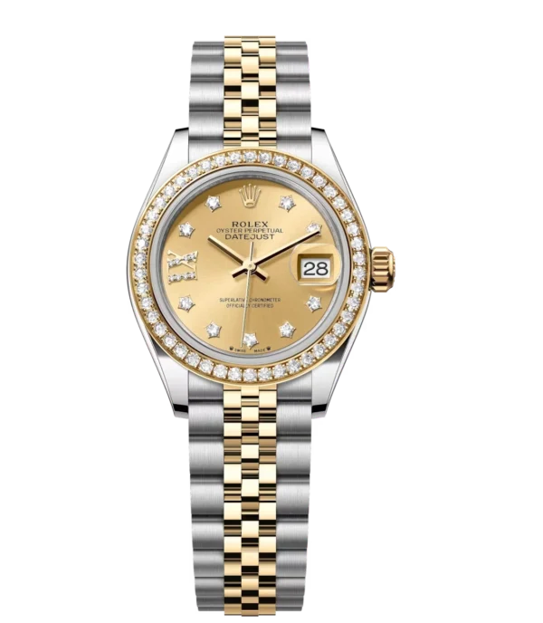 Rolex Lady-Datejust 28 Oyster Perpetual Oystersteel and yellow gold champagne colour, diamond-set dial Jubilee band Reference 279383RBR