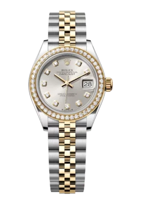 Rolex Lady-Datejust 28 Oyster Perpetual Oystersteel and yellow gold silver, diamond-set dial Jubilee band Reference 279383RBR